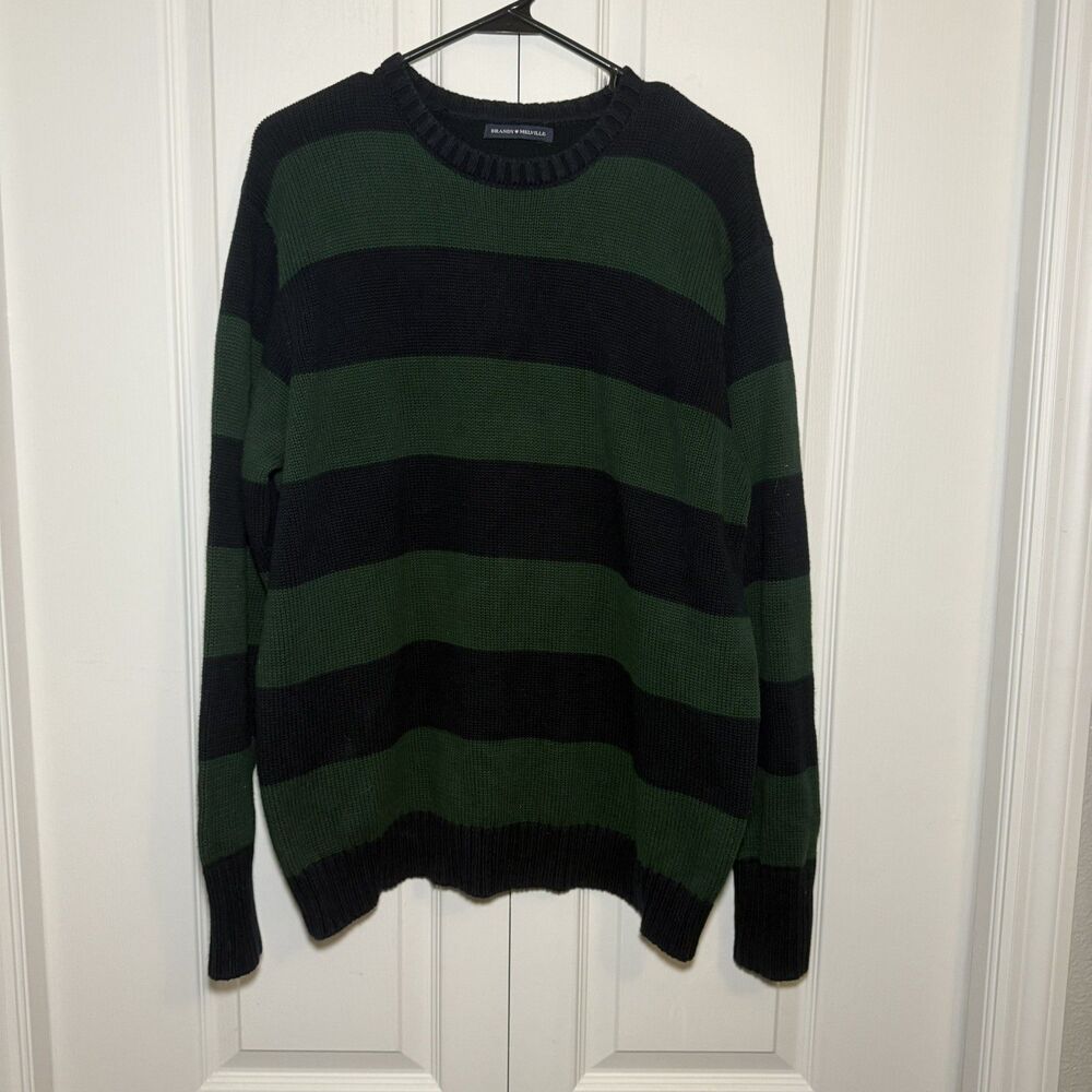Brandy Melville Women’s Oversized Sweater One Size Green Navy Blue Striped Y2K
